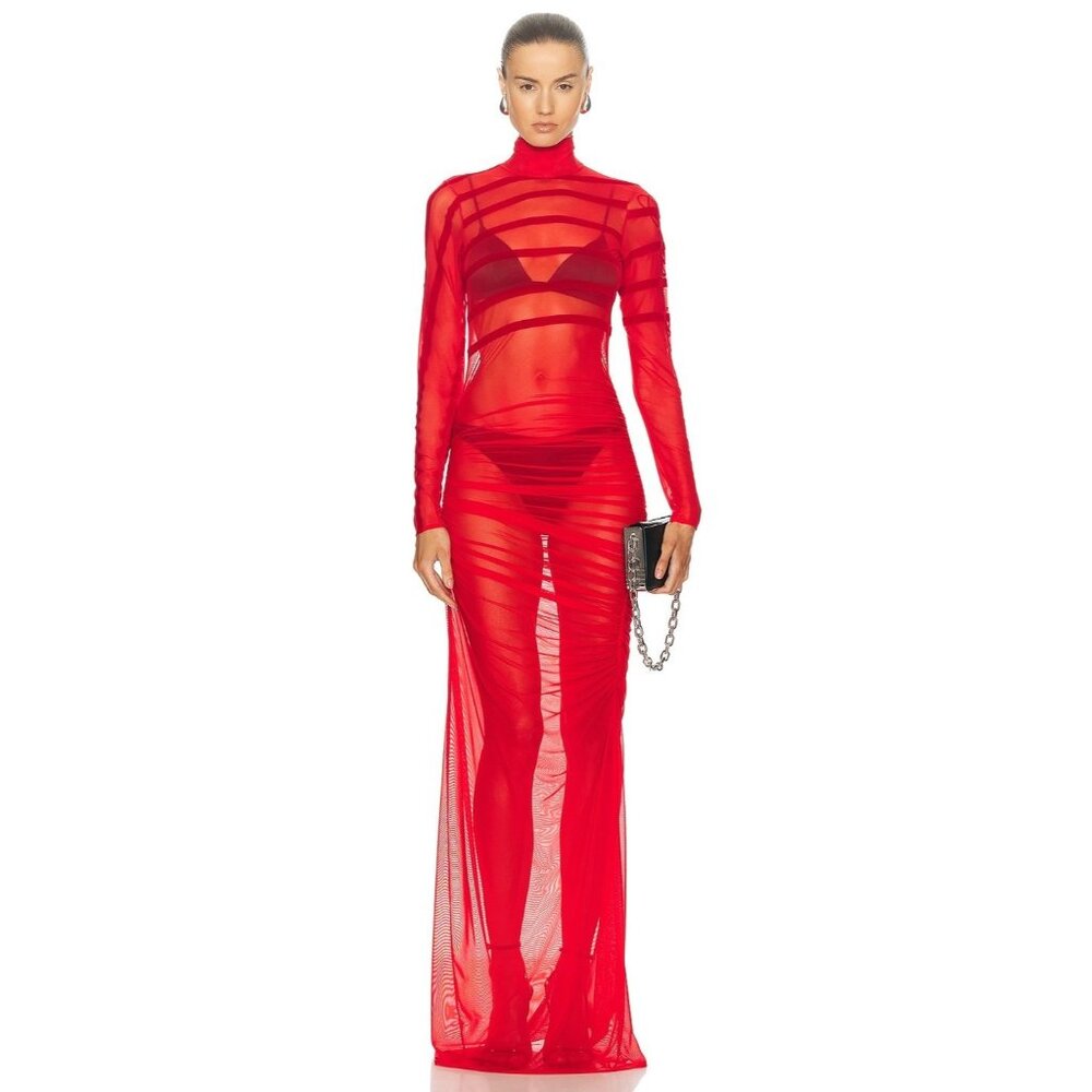 Jean Paul Gaultier Gaultier & Mariniere Turtleneck Draped Mesh Dress Red
